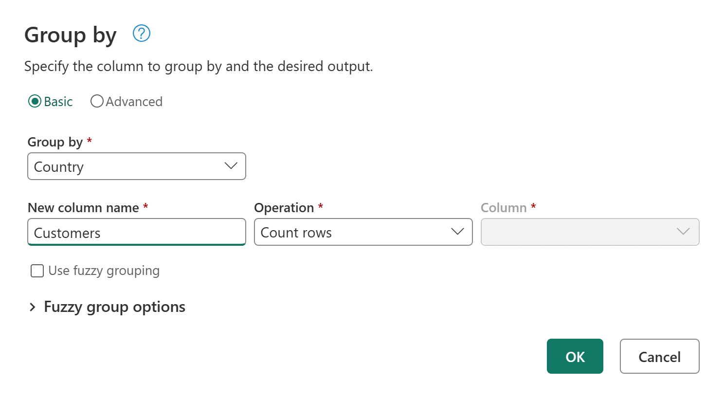Diálogo Group By de Power Query