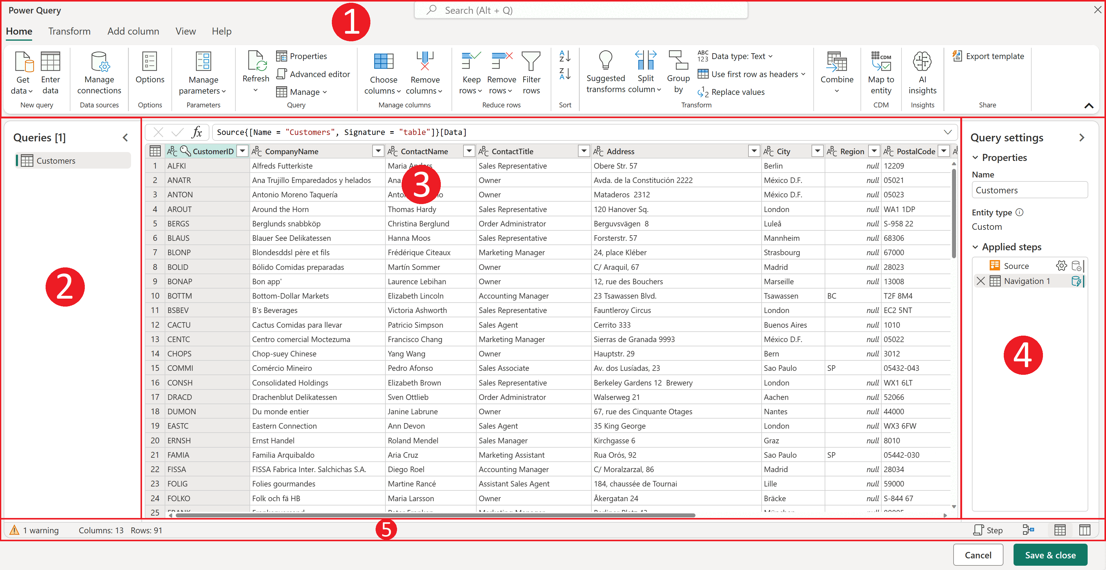 Interfaz de Power Query con 5 componentes