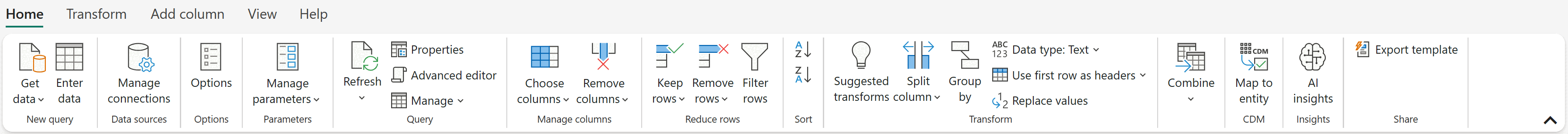 Ribbon de Power Query, pestaña Home